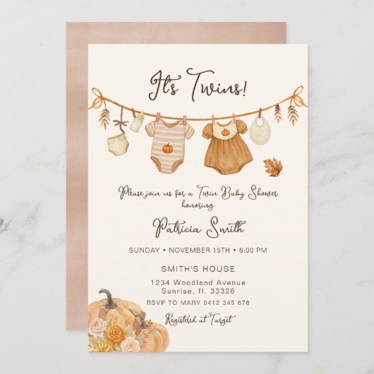 Clothsline Pumpkin Twins Baby Dusche Einladung (Vorne/Hinten)