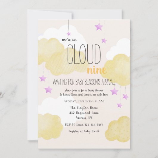 Cloud 9 Baby Dusche Einladung in Gold (Vorderseite)