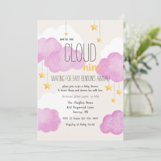 Cloud 9 Baby Dusche Einladung in Rosa (Stehend Vorderseite)