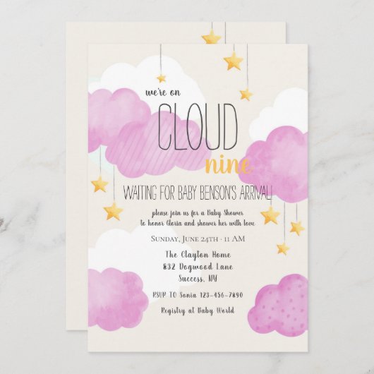 Cloud 9 Baby Dusche Einladung in Rosa (Vorne/Hinten)
