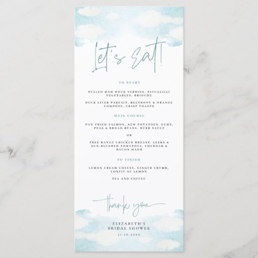 Cloud 9 Blue and White Dreamy Brautparty Menükarte (Vorderseite)