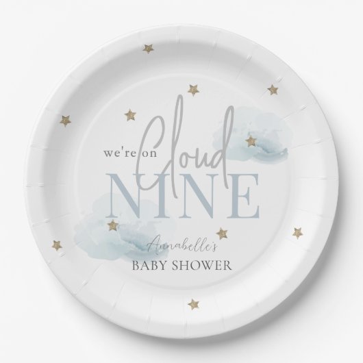 Cloud 9 Blue Clouds & Gold Stars Boy Baby Dusche Pappteller (Vorderseite)