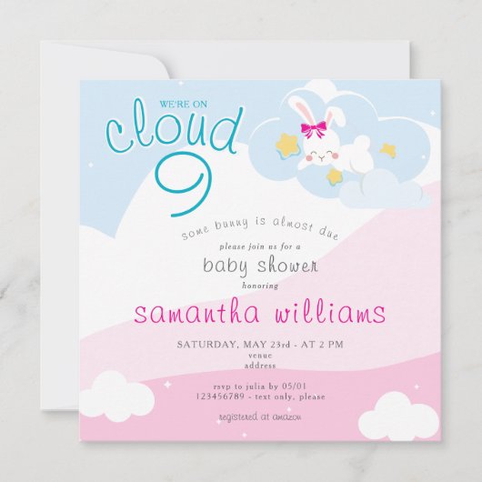 Cloud 9 etwas Bunny Pink Spring Girl Baby Dusche Einladung (Vorderseite)