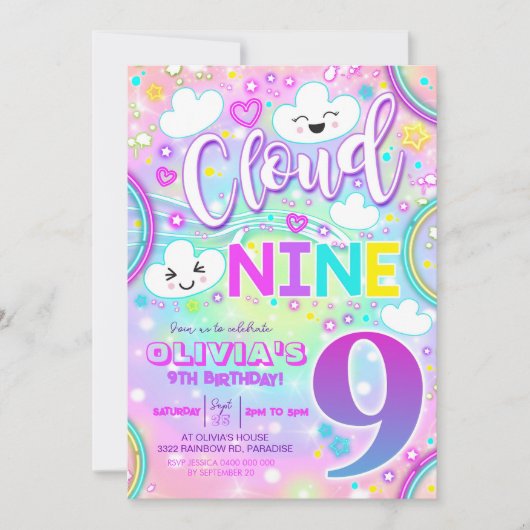 Cloud 9 Geburtstag Einladung Regenbogennebel (Vorderseite)