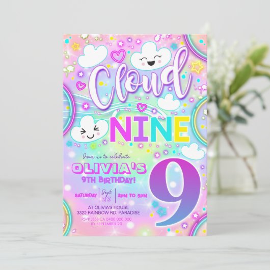 Cloud 9 Geburtstag Einladung Regenbogennebel (Stehend Vorderseite)