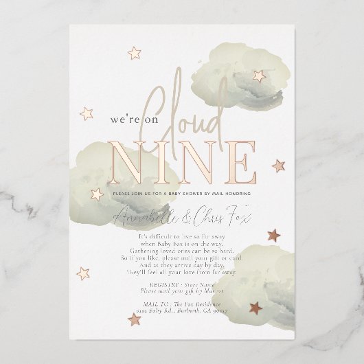 Cloud 9 Gold Clouds Watercolor Kinderdusche per Ma Folieneinladung (Vorderseite)