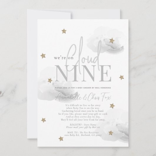 Cloud 9 Gold Star Gray Baby Dusche by Mail Einladung (Vorderseite)