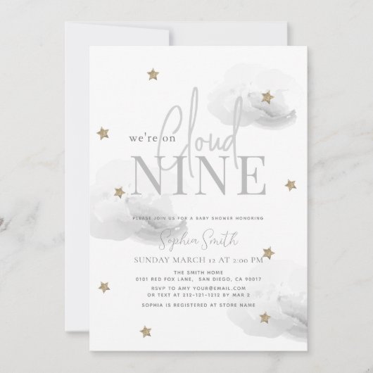 Cloud 9 Gold Stars Wasserfarbe Gray Baby Dusche Einladung (Vorderseite)
