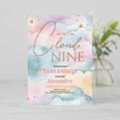 Cloud 9 Gold Stars Watercolor Babydusche Folieneinladung (Stehend vorne)