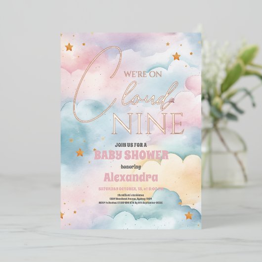 Cloud 9 Gold Stars Watercolor Babydusche Folieneinladung (Stehend vorne)