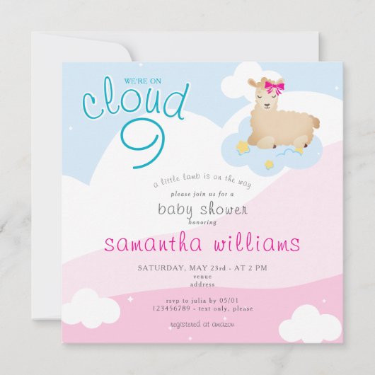 Cloud 9 Pink Little Lamb Spring Girl Babydusche Einladung (Vorderseite)