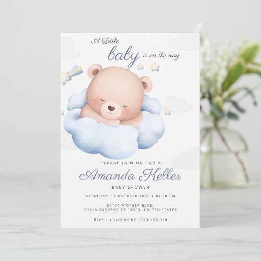 Cloud Bear Baby Shower Einladung (Stehend Vorderseite)