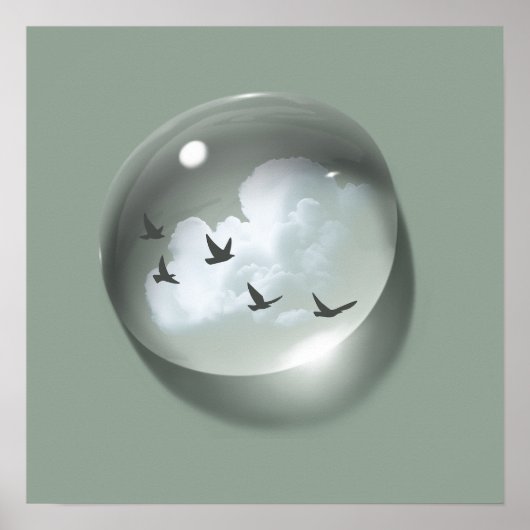 Cloud & Birds Wasserfall Grüner Minimal Poster (Vorne)
