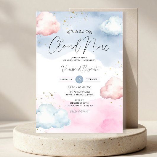 Cloud Blush Pink & Blue Gender Reveal Gold Glitzer Einladung