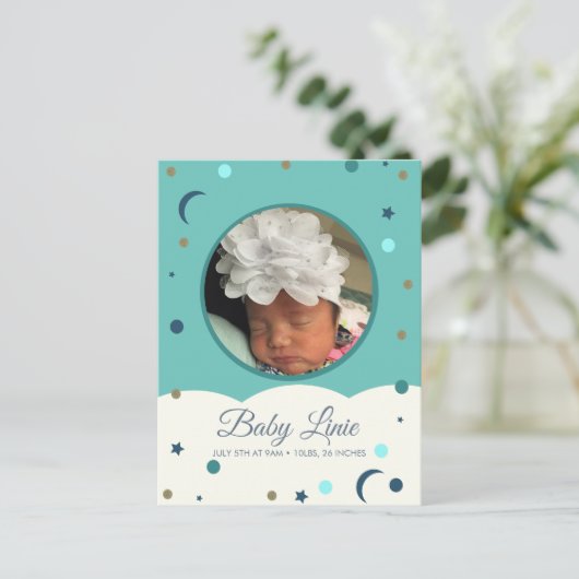 Cloud Border Baby Announccard Moon and Stars Ankündigungspostkarte (Stehend Vorderseite)