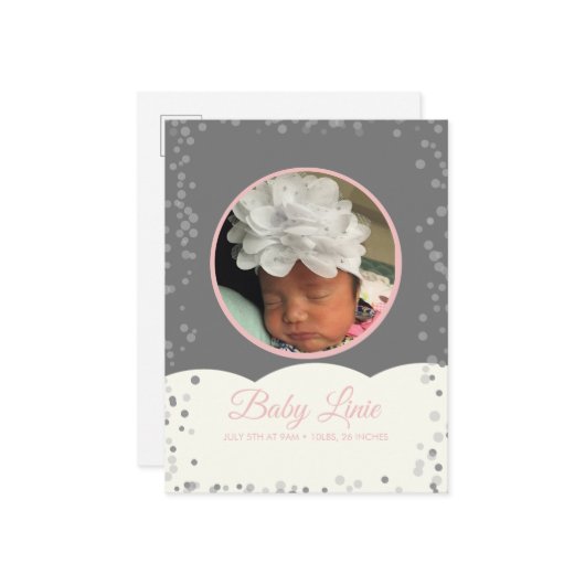 Cloud Confetti Dot Border Baby Gray Pink Announcem Ankündigungspostkarte (Vorderseite/Rückseite Beispiel)