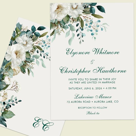 Cloud Dancer Forest Teal Script Floral Wedding Einladung