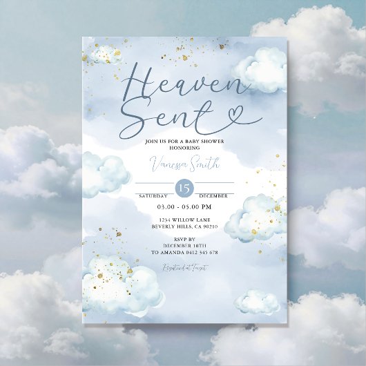 Cloud Heaven Sent Baby Shower Gold Glitter Einladung
