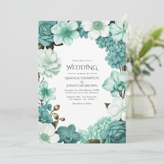 Cloud Mint, Frosted Teal & Seaglass Ivory Wedding Einladung (Stehend Vorderseite)