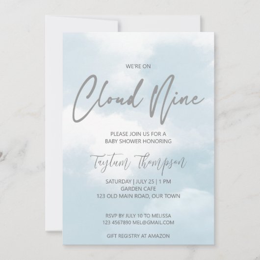 Cloud neun Babydusche grau staubblau Einladung (Vorderseite)