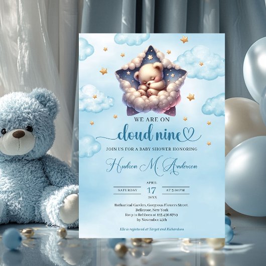 Cloud neun Teddy Bär Boy Baby Dusche Einladung