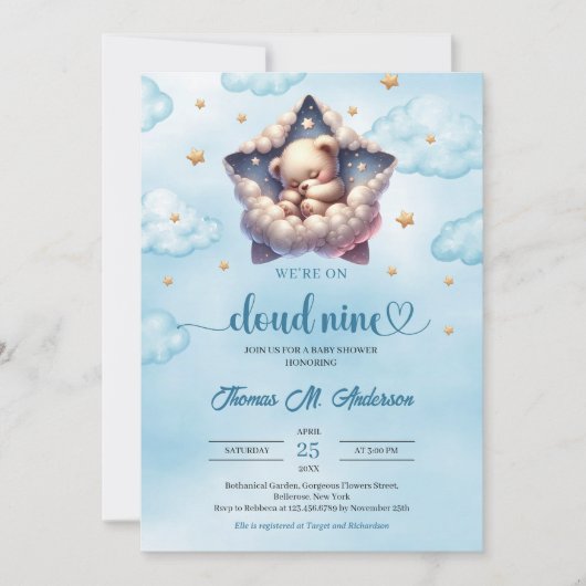 Cloud neun Teddy Bär Boy Baby Dusche Einladung (Vorderseite)