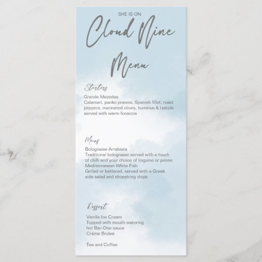 Cloud-Neuner-Brautparty-Vorlage Menükarte (Vorderseite)