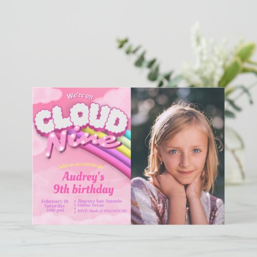 Cloud Nine - 9. Geburtstag - Mädchen Einladung (Stehend Vorderseite)