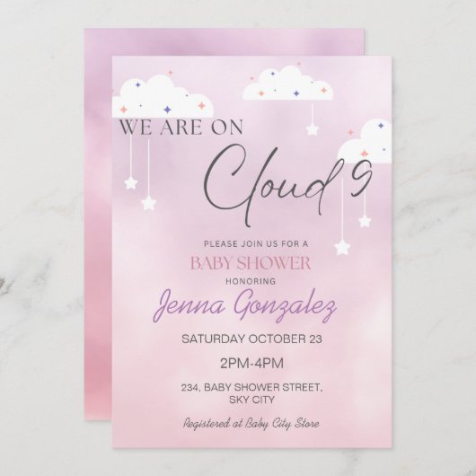 Cloud Nine 9 Girl Pink Baby Dusche Einladung (Vorne/Hinten)