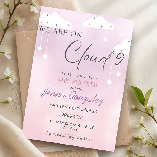 Cloud Nine 9 Mädchen Rosa Baby Shower Einladung