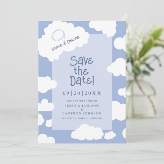 Cloud Nine 9 Niedlich Fun Whimsical Einzigartige H Save The Date (Stehend Vorderseite)