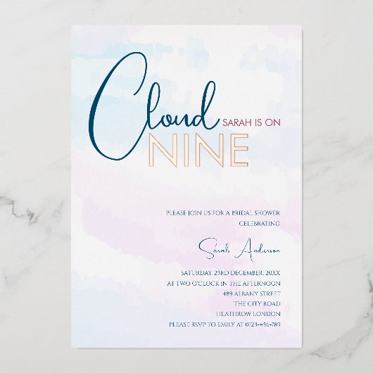 Cloud Nine Abstrakt Blue Rose Gold Brautparty Folieneinladung (Vorderseite)