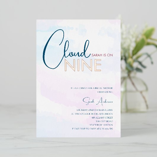 Cloud Nine Abstrakt Blue Rose Gold Brautparty Folieneinladung (Stehend vorne)