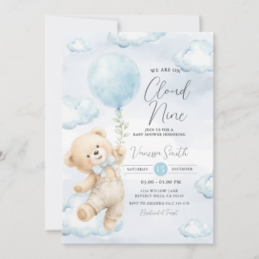 Cloud Nine Baby Shower Einladung Blaues Bärchen  (Vorderseite)
