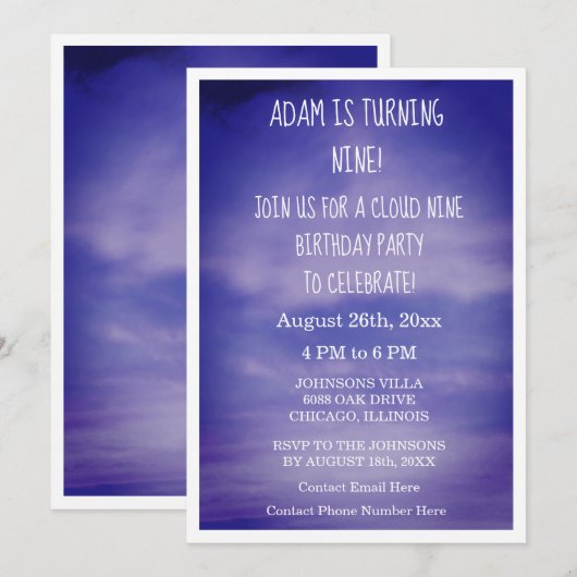 Cloud Nine Birthday Boys Girls 9th Blue Art Dreamy Einladung (Vorne/Hinten)