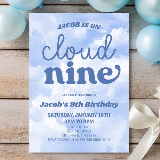 Cloud Nine Blue 9. Geburtstagsparty Einladung