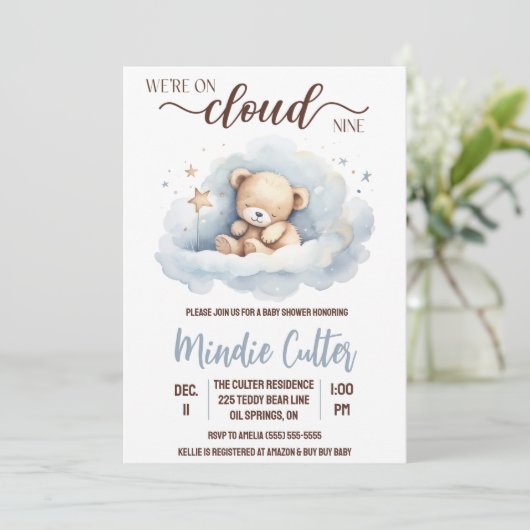 Cloud Nine, Blue Sleeping Teddy Bear Baby Dusche Einladung (Stehend Vorderseite)