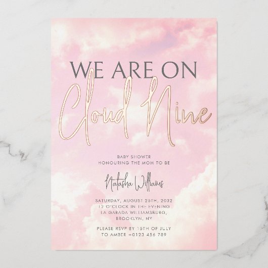 Cloud Nine Clouds Sky Baby Shower Foil Einladung (Vorderseite)