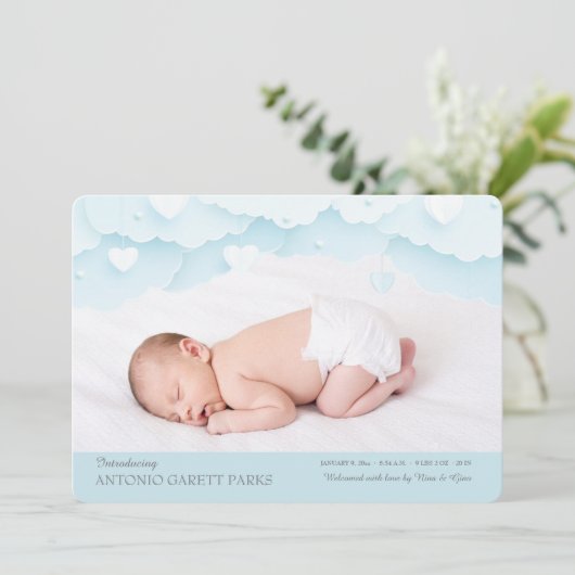 Cloud Nine Foto Birth Ankündigung Blue (Stehend Vorderseite)