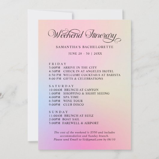 Cloud Nine Pink Gradient Bachelorette Wochenende Einladung (Rückseite)
