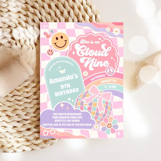 Cloud Nine Retro Groovy Daisy 9th Birthday Invitat Einladung