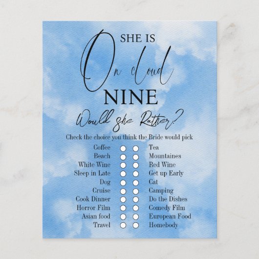 Cloud Nine Watercolor Sky Blue Brautparty Game (Vorderseite)