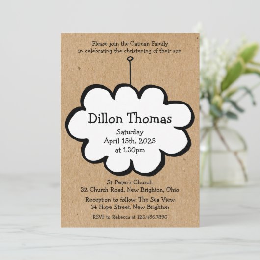 Cloud on a String Baptising Christening Einladung (Stehend Vorderseite)