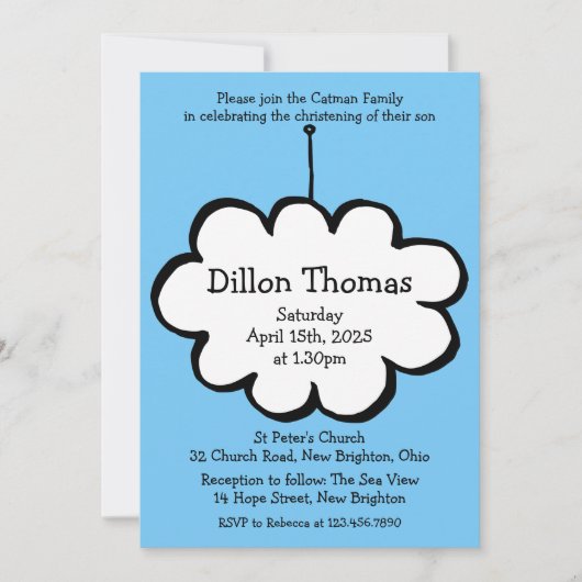 Cloud on a String Christening Baptisse Einladung (Vorderseite)