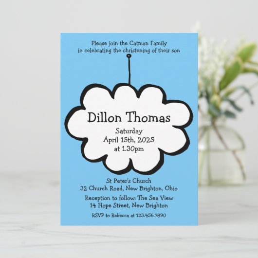 Cloud on a String Christening Baptisse Einladung (Stehend Vorderseite)