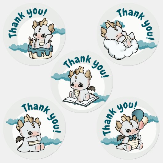 Cloud Pastel Gray Blue Baby Dragon Vielen Dank Etiketten (Gruppe)