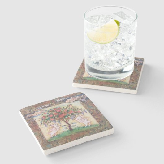 Cloud Rabbits & Tree of Life Steinuntersetzer (Seitenansicht)