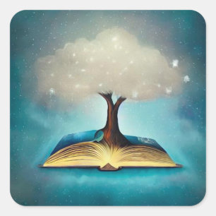 Cloud Tree & Open Book Quadratischer Aufkleber