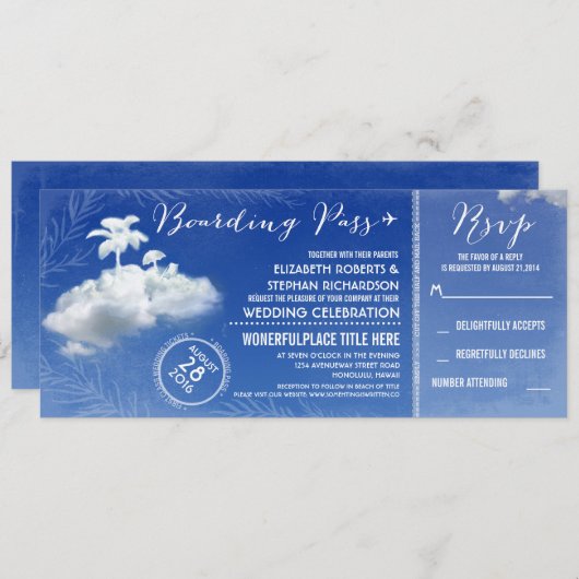 Clouds Beach Boarding Pass Hochzeitstickets Einlad Einladung (Vorne/Hinten)