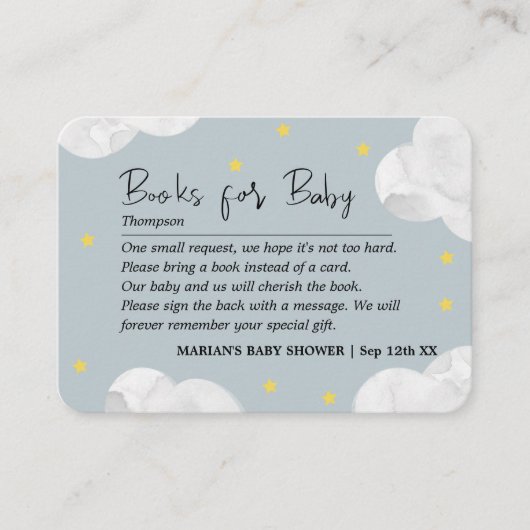 Clouds Blue Gray Boy Books Baby Dusche Visitenkarte (Vorderseite)